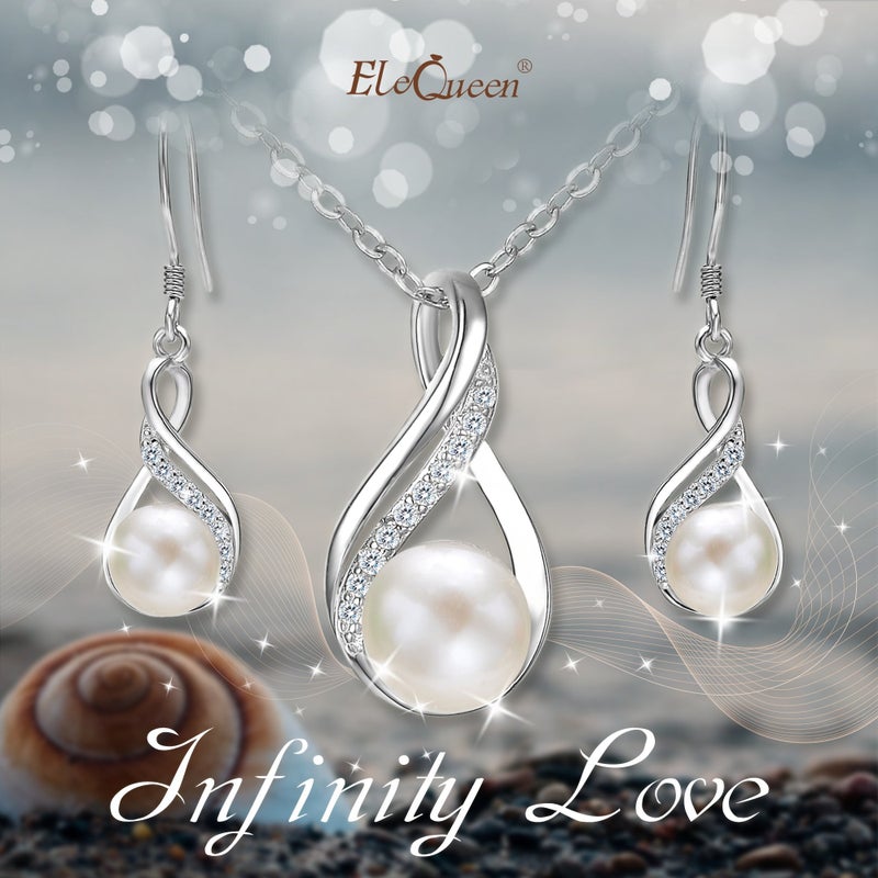 EleQueen 925 Sterling Silver CZ Freshwater Cultured Pearls Bridal Pendant Necklace Earrings Wedding Jewelry Sets, Valentine's Mother's Day Christmas Gift for Mom - Image 3